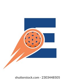 Initial Letter E Pickleball Logo Concept With Moving Pickleball Symbol. Pickle Ball Logotype Vector Template