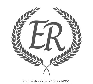 Initial letter E and R, ER monogram logo design with laurel wreath. Luxury calligraphy font.