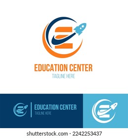 Initial Letter E with Rocket Spaceship icon for Success, Education Center, Fast Learning, Technology Business Logo Idea