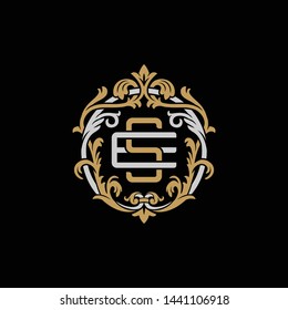 Initial letter E and S, ES, SE, decorative ornament emblem badge, overlapping monogram logo, elegant luxury silver gold color on black background