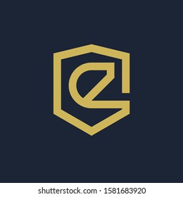 initial Letter E with Shield frame line art element. Shield Line geometry  for Security logo. Logo Icon Template for Web and Business Card, Letter Logo Template on Black Background. - vector
