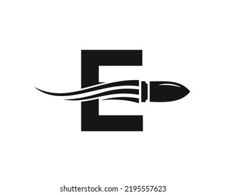 Initial Letter E Shooting Bullet Logo With Concept Weapon For Safety and Protection Symbol