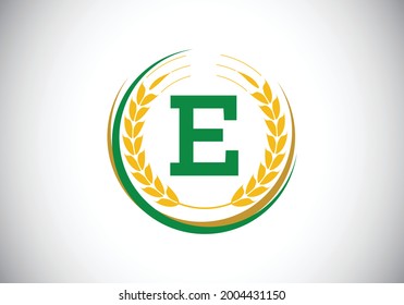 Initial letter E sign symbol with wheat ears wreath. Organic wheat farming logo design concept. Agriculture logo design vector template.