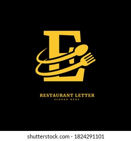 Initial letter E with spoon and fork for restaurant concept. letter E logo, fit for company and culinary business.