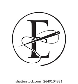 Letra inicial E logotipo alfaiate, agulha e logotipo de linha para vestuário, bordado, têxtil, moda, pano, sinal de tecido