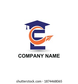 Initial letter E with toga hat  graduation gown and paper plane flying around for education academy logo concept 