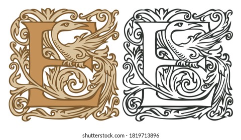 Initial letter E with vintage Baroque decorations. Two vector uppercase letters E in beige and black-white colors. Beautiful filigree capital letter to use for monogram, logo, emblem, card, invitation