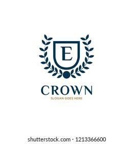 Initial Letter E Vintage Logo Design with Crown, Shield adn Wheat Illustration