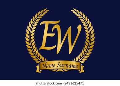 Initial letter E and W, EW monogram logo design with laurel wreath. Luxury golden emblem with calligraphy font.