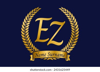 Initial letter E and Z, EZ monogram logo design with laurel wreath. Luxury golden emblem with calligraphy font.