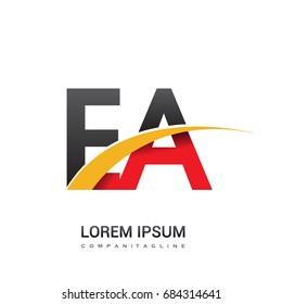 initial letter EA logotype company name colored red, black and yellow swoosh design. isolated on white background.
