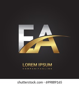 initial letter EA logotype company name colored gold and silver swoosh design. isolated on black background.