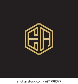 Initial letter EA, minimalist line art hexagon logo, gold color on black background