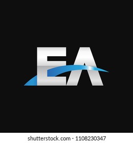 Initial letter EA, overlapping movement swoosh logo, metal silver blue color on black background