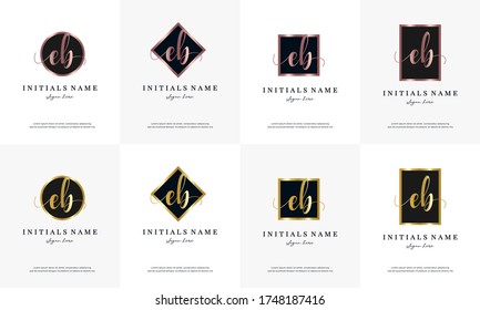 initial letter EB E B handwriting logo set design template on round, rectangular, square shape