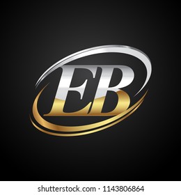 initial letter EB logotype company name colored gold and silver swoosh design. isolated on black background.