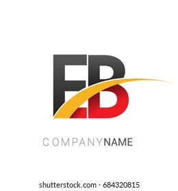 initial letter EB logotype company name colored red, black and yellow swoosh design. isolated on white background.
