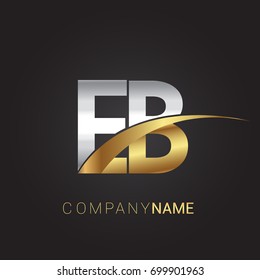 initial letter EB logotype company name colored gold and silver swoosh design. isolated on black background.