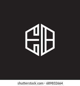 Initial letter EB, minimalist line art monogram hexagon shape logo, white color on black background