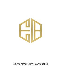 Initial letter EB, minimalist line art hexagon shape logo, gold color