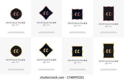 initial letter EC E C handwriting logo set design template on round, rectangular, square shape