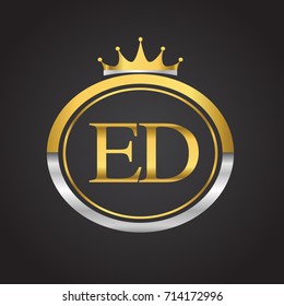 initial letter ED logotype company name with oval shape and crown, gold and silver color. vector logo for business and company identity.