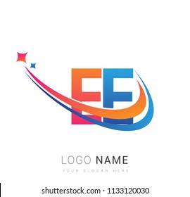 initial letter EE logotype company name colored orange, red and blue swoosh star design. vector logo for business and company identity.