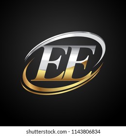initial letter EE logotype company name colored gold and silver swoosh design. isolated on black background.