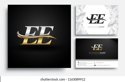 initial letter EE logotype company name colored gold and silver swoosh design. Vector sets for business identity on white background.