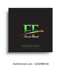 initial letter EE logotype company name colored green and gold swoosh design. vector logo for business and company