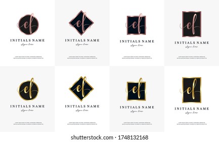 initial letter EF E F handwriting logo set design template on round, rectangular, square shape