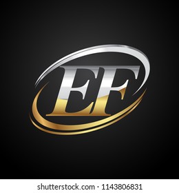 initial letter EF logotype company name colored gold and silver swoosh design. isolated on black background.