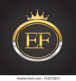 initial letter EF logotype company name with oval shape and crown, gold and silver color. vector logo for business and company identity.