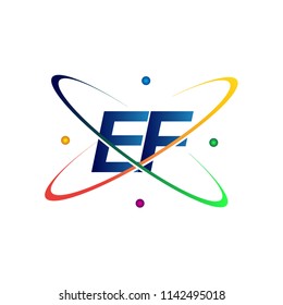 initial letter EF logotype science icon colored blue, red, green and yellow swoosh design. vector logo for business and company identity.