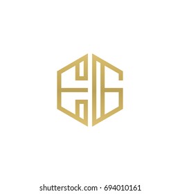 Letra inicial EG, logotipo de forma hexágono de arte de linha minimalista, cor dourada