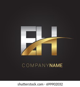 initial letter EH logotype company name colored gold and silver swoosh design. isolated on black background.