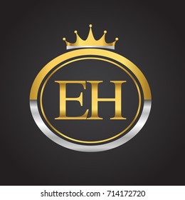 initial letter EH logotype company name with oval shape and crown, gold and silver color. vector logo for business and company identity.