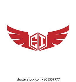 Initial Letter EI Logo, Hexagon Shape with Wings