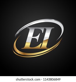 initial letter EI logotype company name colored gold and silver swoosh design. isolated on black background.