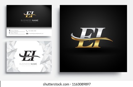 initial letter EI logotype company name colored gold and silver swoosh design. Vector sets for business identity on white background.
