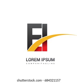 initial letter EI logotype company name colored red, black and yellow swoosh design. isolated on white background.

