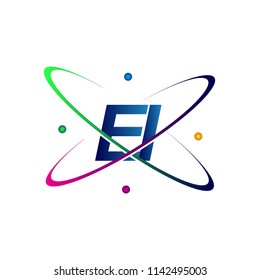 initial letter EI logotype science icon colored blue, red, green and yellow swoosh design. vector logo for business and company identity.