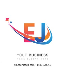initial letter EJ logotype company name colored orange, red and blue swoosh star design. vector logo for business and company identity.