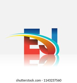 initial letter EJ logotype company name colored red and blue and swoosh design. vector logo for business and company identity.
