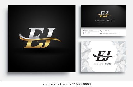 initial letter EJ logotype company name colored gold and silver swoosh design. Vector sets for business identity on white background.