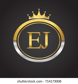 initial letter EJ logotype company name with oval shape and crown, gold and silver color. vector logo for business and company identity.
