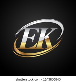 initial letter EK logotype company name colored gold and silver swoosh design. isolated on black background.