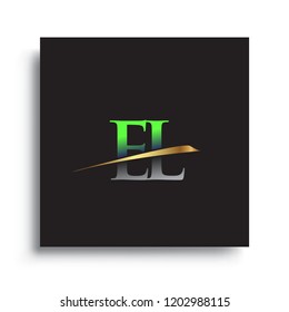 initial letter EL logotype company name colored green and gold swoosh design. vector logo for business and company