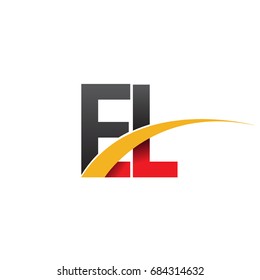 initial letter EL logotype company name colored red, black and yellow swoosh design. isolated on white background.

