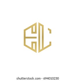 Initial letter EL, minimalist line art hexagon shape logo, gold color